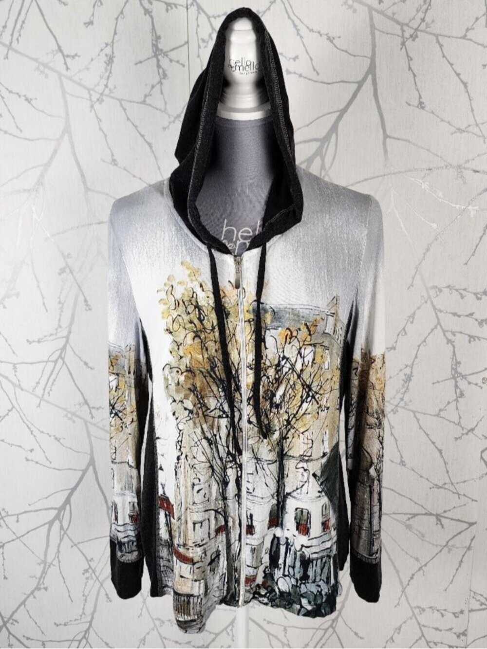 Dolcezza Artsy Fall Scene Print Stretch Jersey Full Zip Hooded Top